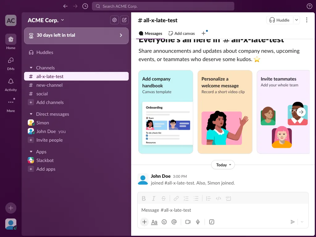 Initial Slack workspace