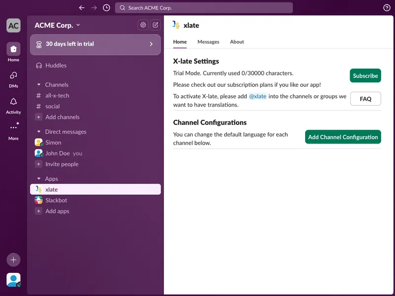 X-late privacy settings and trial mode showing transparent usage tracking