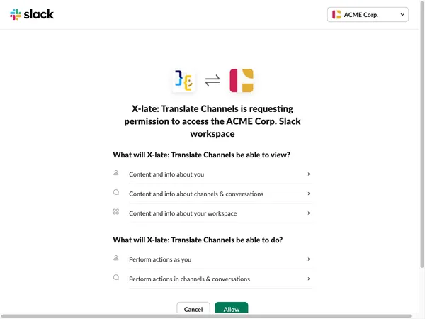 Slack OAuth authorization screen for X-late installation