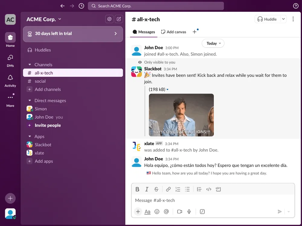 X-late automatic translation demo showing real-time message translation in Slack channel