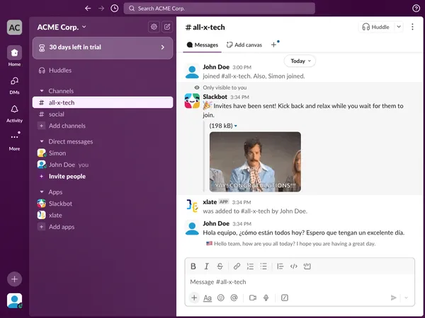 X-late working in a Slack channel showing automatic translation
