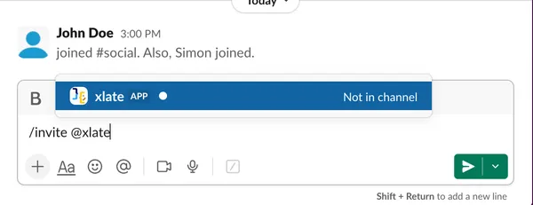 Adding X-late to a Slack channel with /invite @xlate command