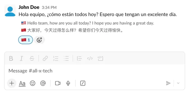 X-late showing automatic translation with original Spanish message and English translation