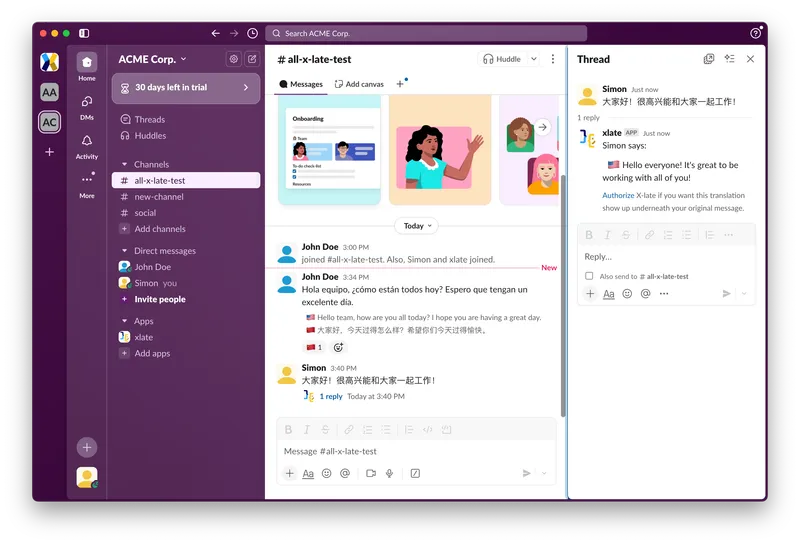 X-late Slack translation bot showing automatic translation and flag emoji reactions